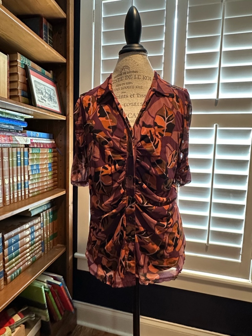 Jane and Delancey Ruched Button-Front Blouse in Plum and Rust